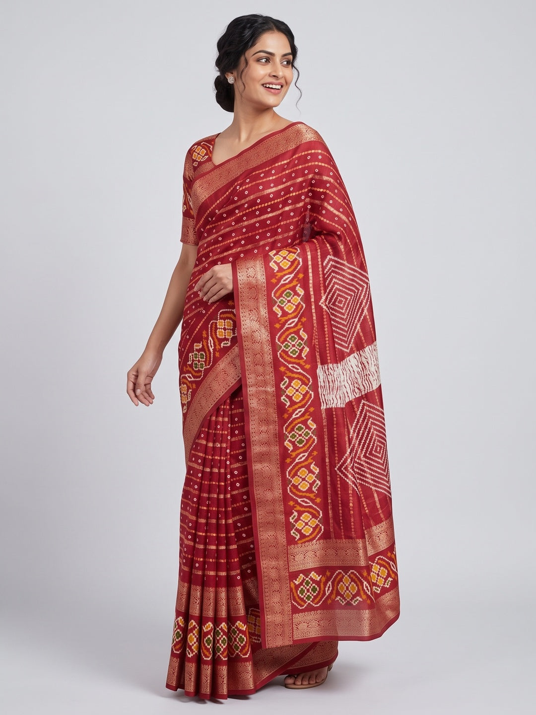 Red Bandhani Printed Dola Silk Saree Enhanced With Fine Weaving Accents - Image 4