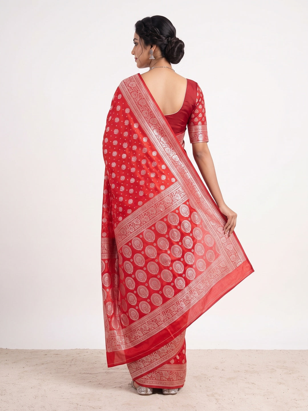 Red Floral Woven Lichi Banarasi Silk Saree - Image 2