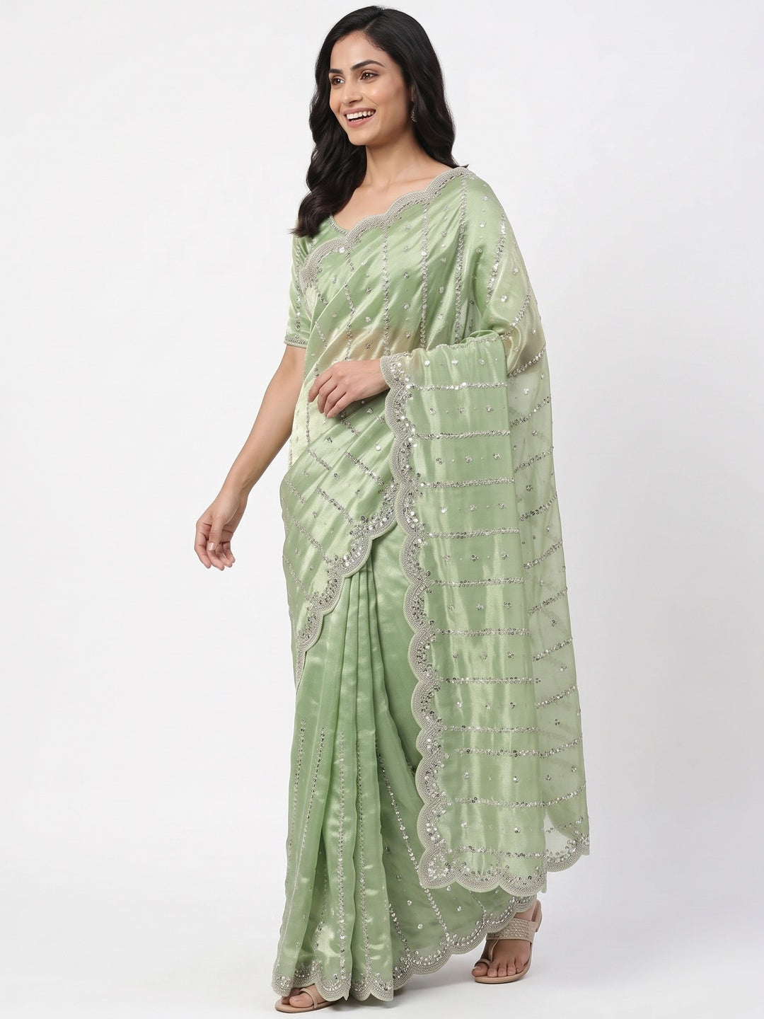 Green Designer Satin Partywear Saree Enhanced with Sparkling Sequins Work - Image 4