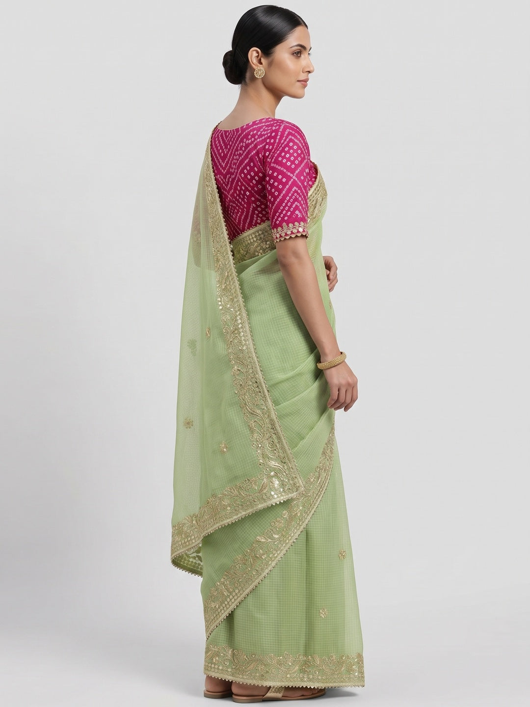 Green Pure Kota Doria Saree Adorned with Exquisite Gota Work Embroidery - Image 3