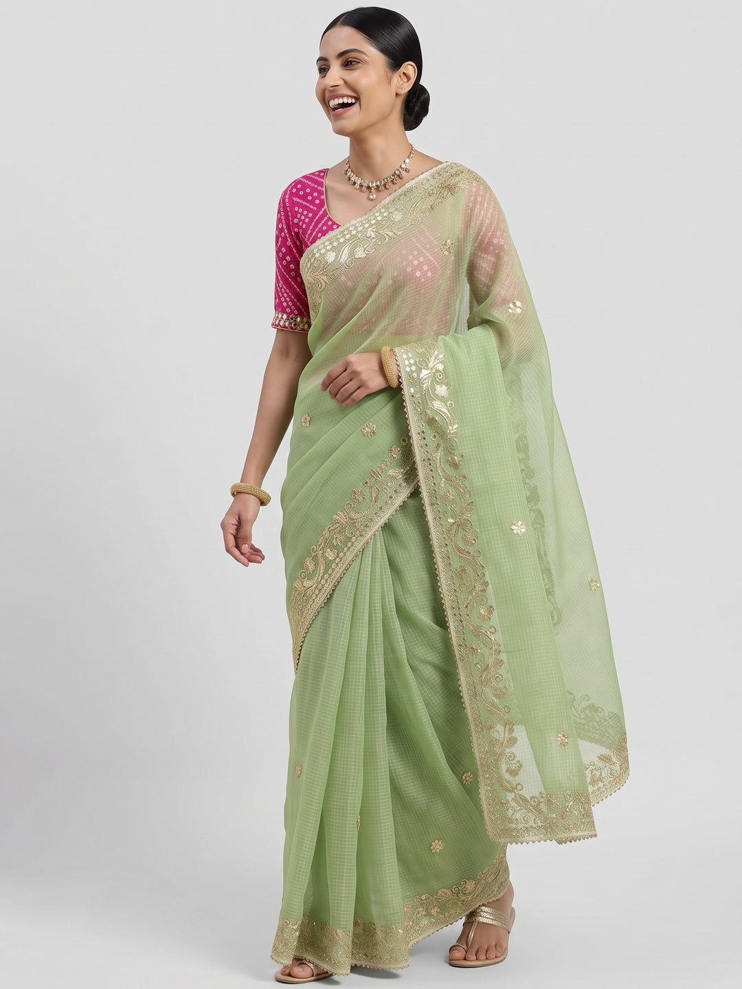 Green Pure Kota Doria Saree Adorned with Exquisite Gota Work Embroidery - Image 4