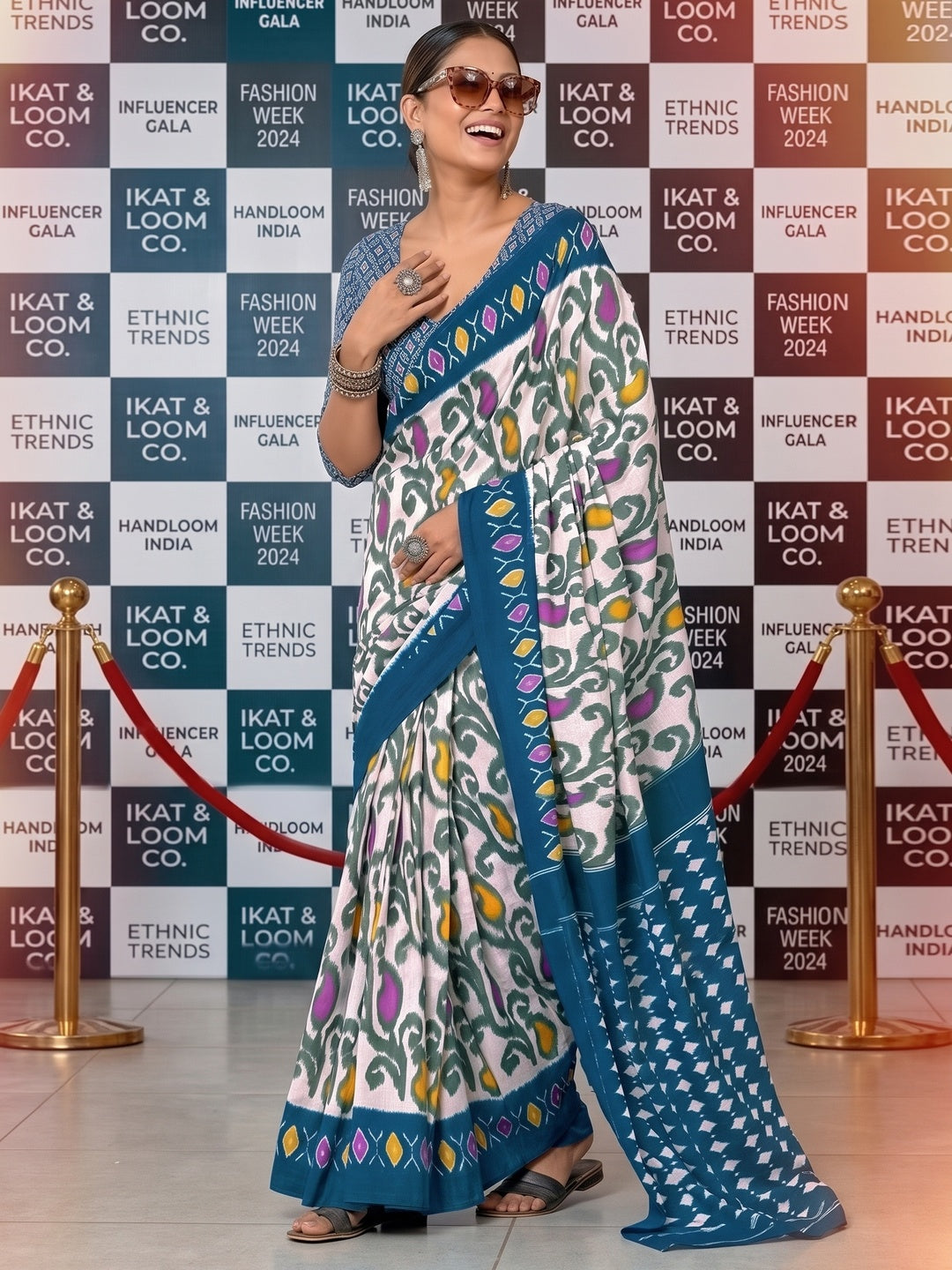 Charming Blue & White Ikkat Printed Mulmul Cotton Saree With Subtle Work - Image 8