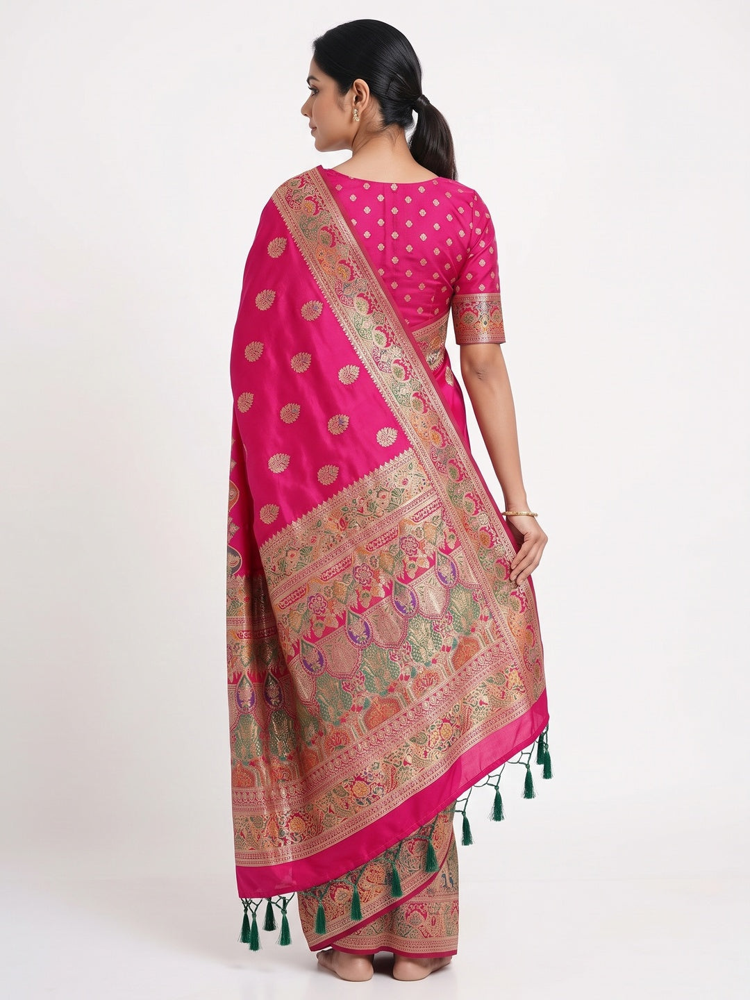 Pink Luxury Pure Silk Saree Crafted With Floral Meenakari Foil Print & Trendy Tassel Pallu - Image 2