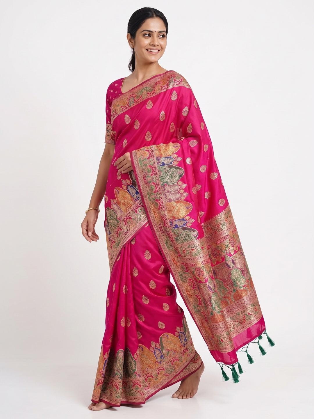 Pink Luxury Pure Silk Saree Crafted With Floral Meenakari Foil Print & Trendy Tassel Pallu - Image 4