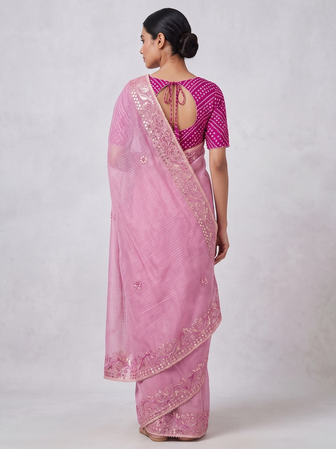 Pink Pure Kota Doria Saree Adorned with Exquisite Gota Work Embroidery - Image 2