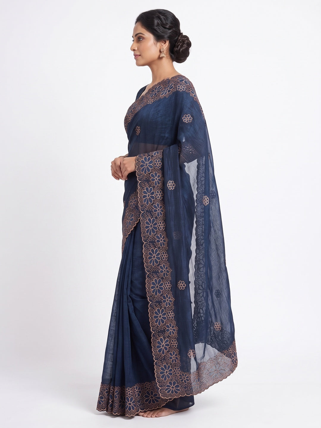 Blue Partywear Saree in Soft Chiffon with Intricate Floral Embroidery - Image 3