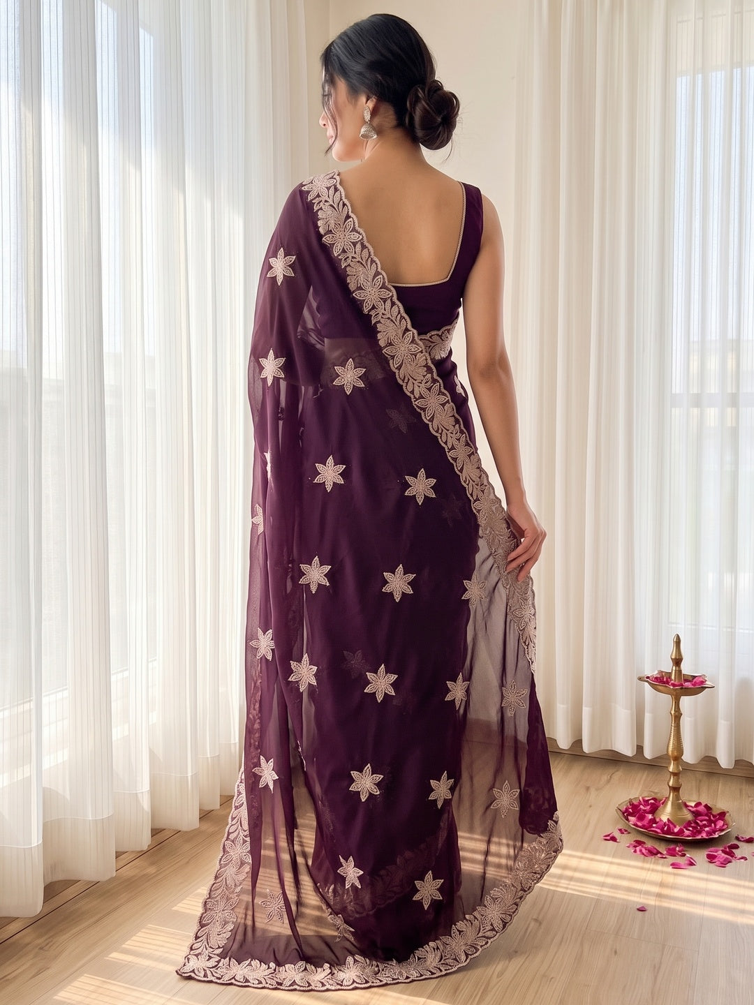 Designer Wine Georgette Saree with Star Embroidery Chic Party Outfit - Image 5