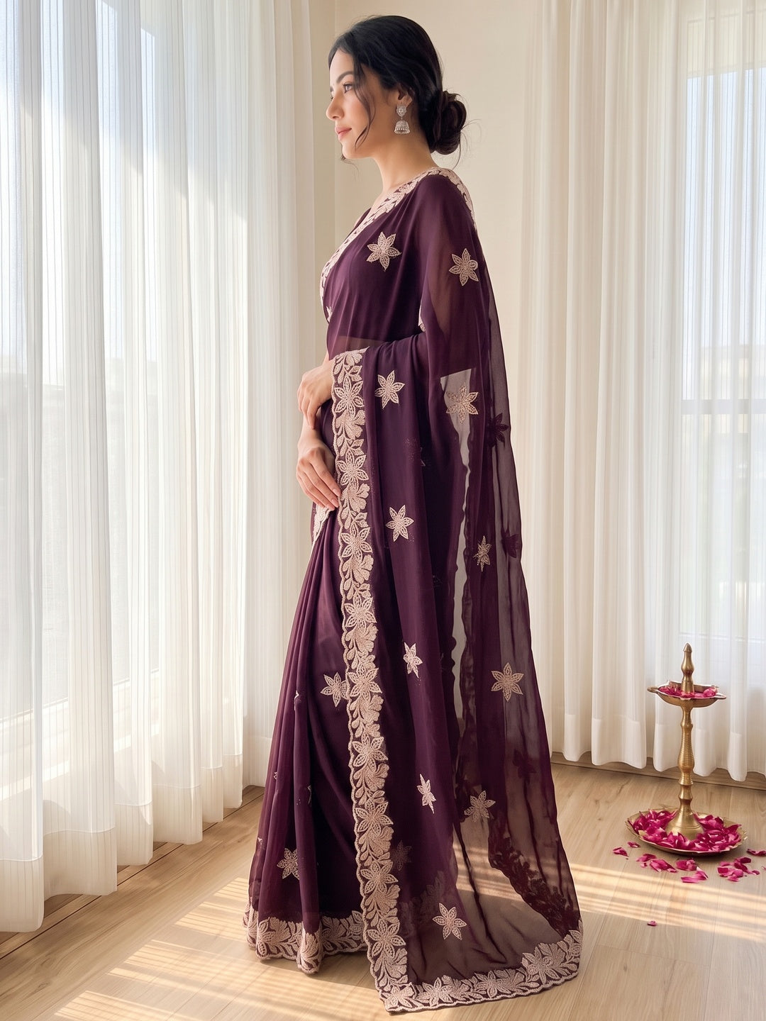 Designer Wine Georgette Saree with Star Embroidery Chic Party Outfit - Image 6