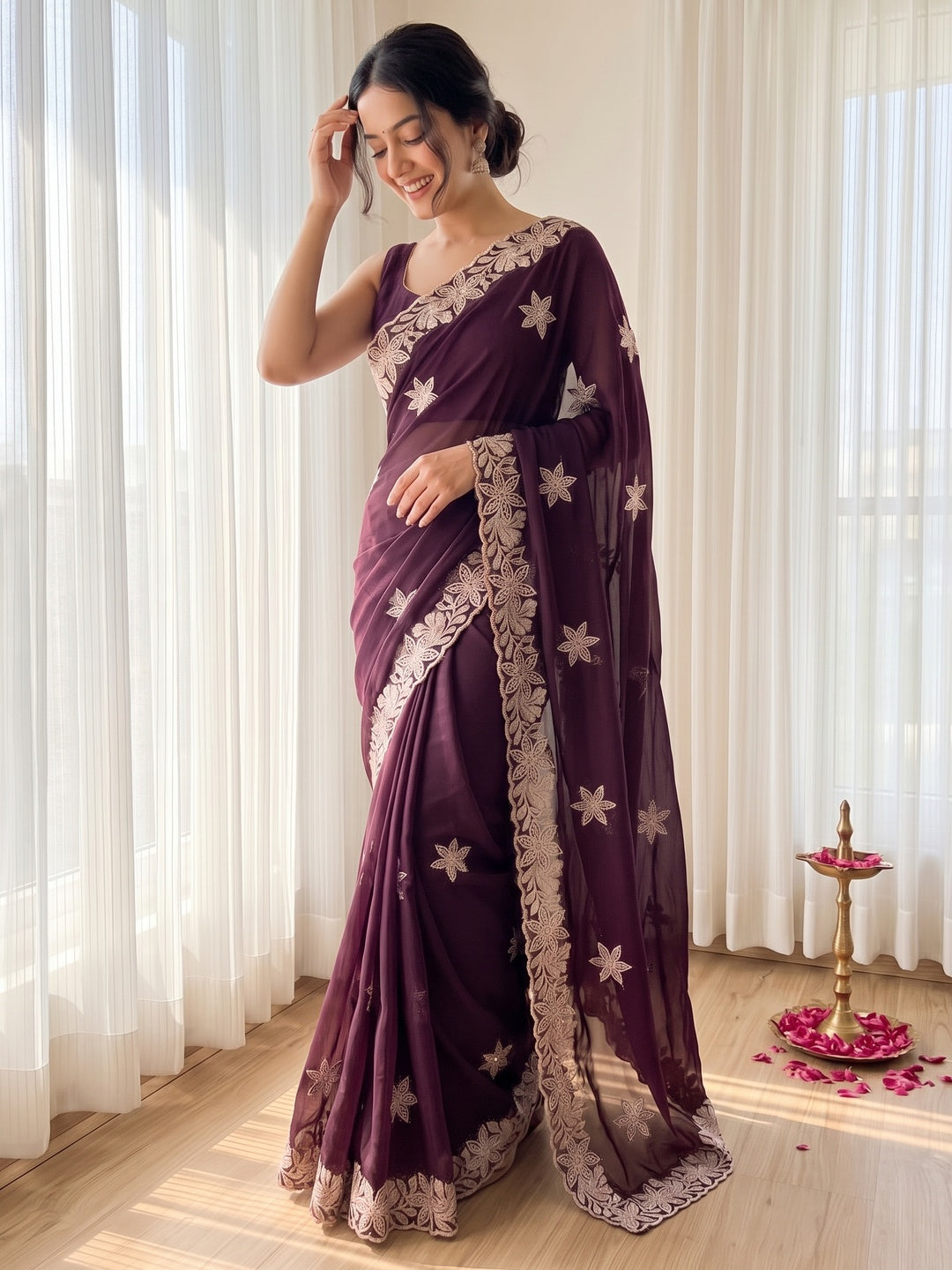Designer Wine Georgette Saree with Star Embroidery Chic Party Outfit - Image 7