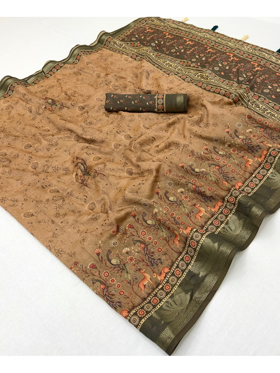Peachmode Tan Peacock Floral Printed Cotton Saree - Image 2