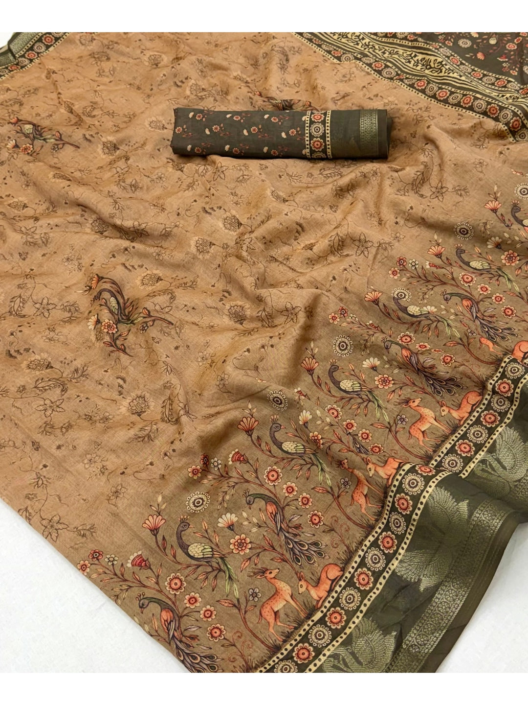Peachmode Tan Peacock Floral Printed Cotton Saree - Image 3