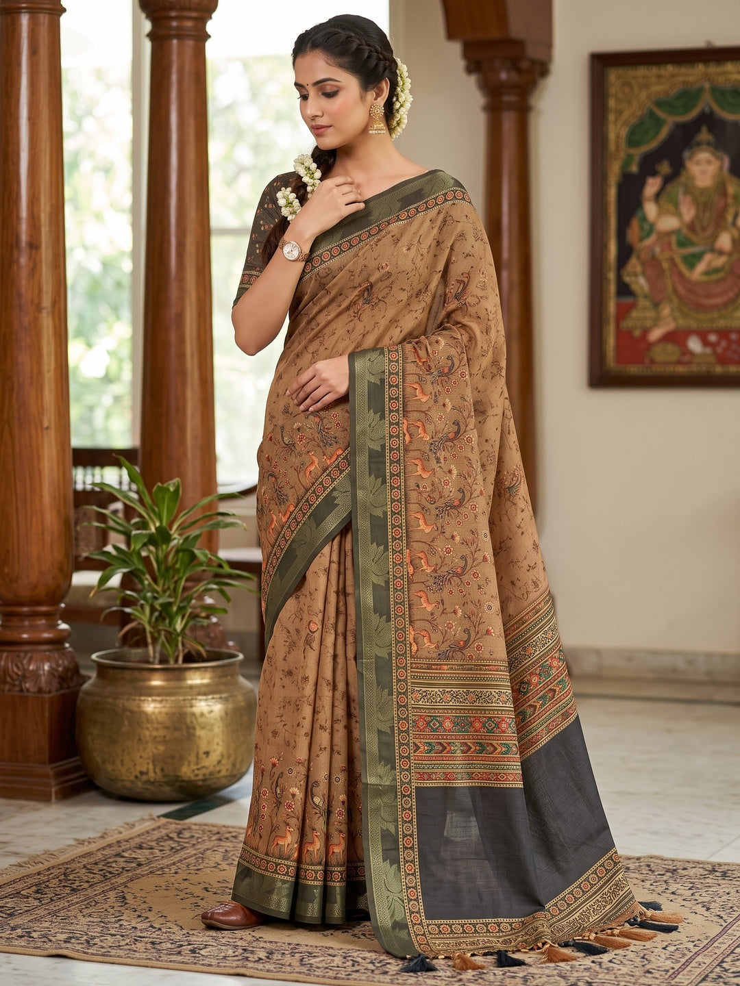 Peachmode Tan Peacock Floral Printed Cotton Saree - Image 1