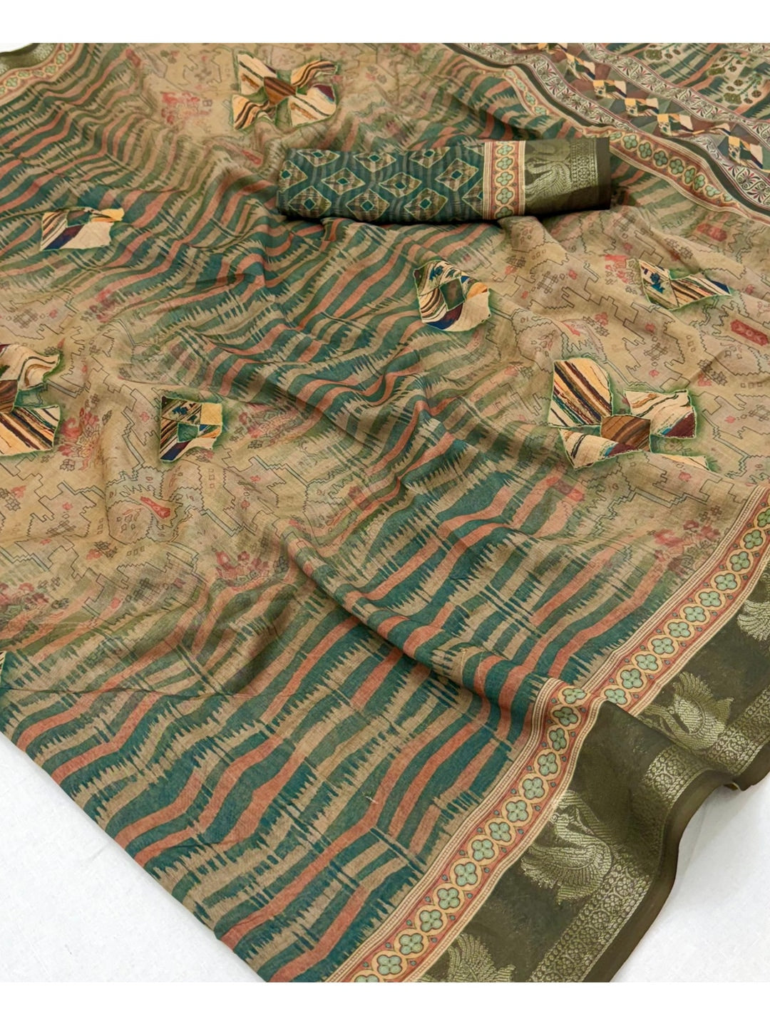 Peachmode Khaki Geometric Printed Cotton Saree - Image 3