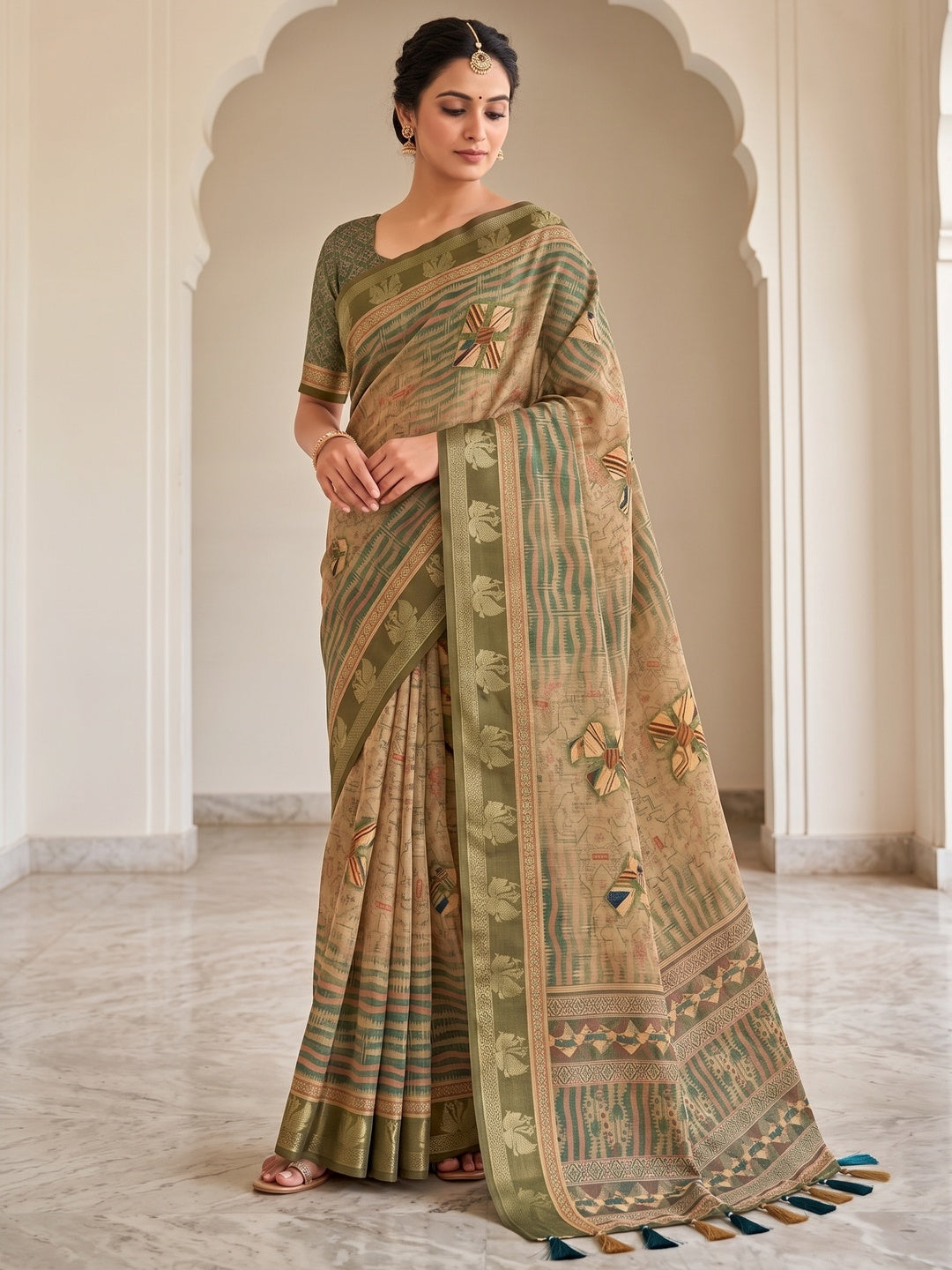 Peachmode Khaki Geometric Printed Cotton Saree - Image 5