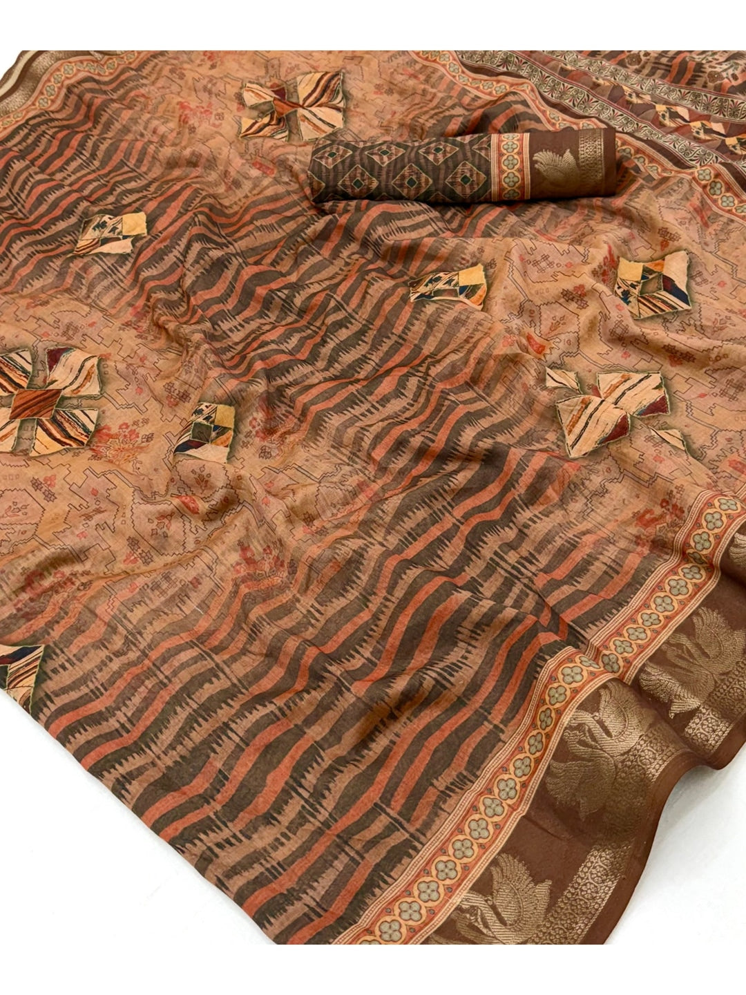 Peachmode Rust Geometric Printed Cotton Saree - Image 4