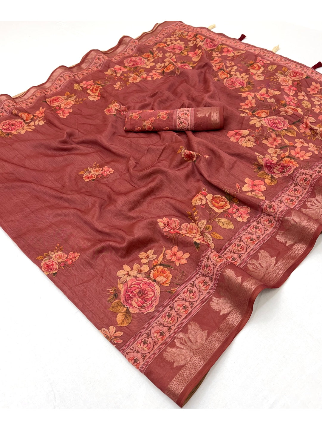 Peachmode Rust Floral Printed Cotton Saree - Image 2