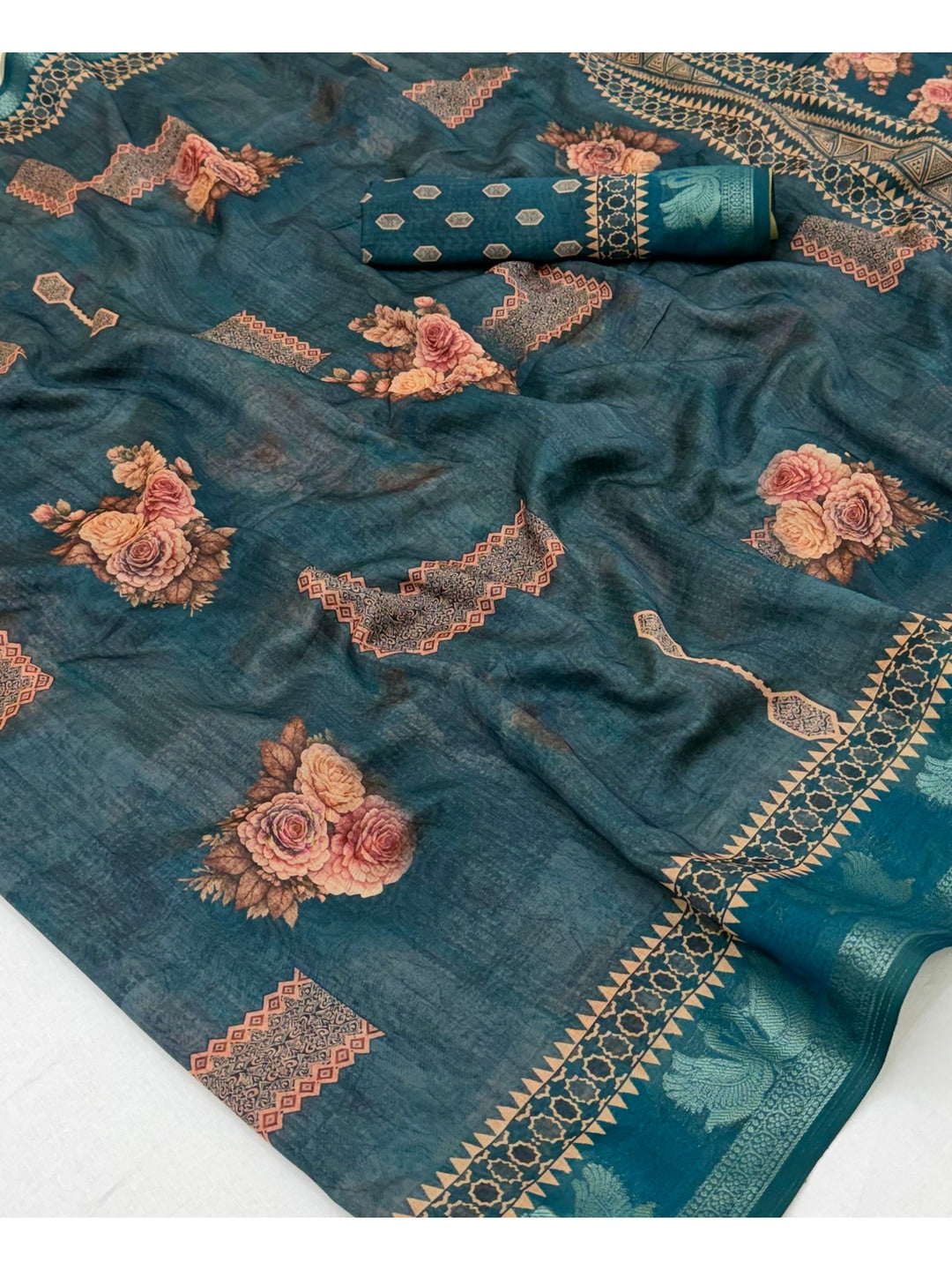 Peachmode Teal Floral Geometric Printed Cotton Saree - Image 4