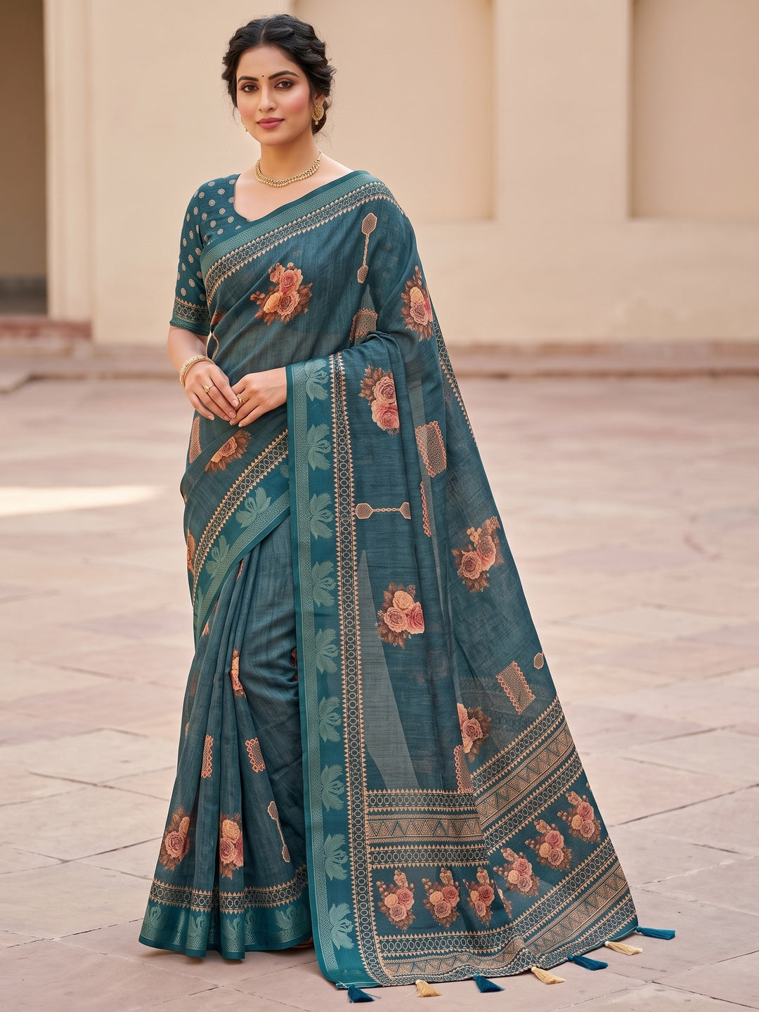 Peachmode Teal Floral Geometric Printed Cotton Saree - Image 1