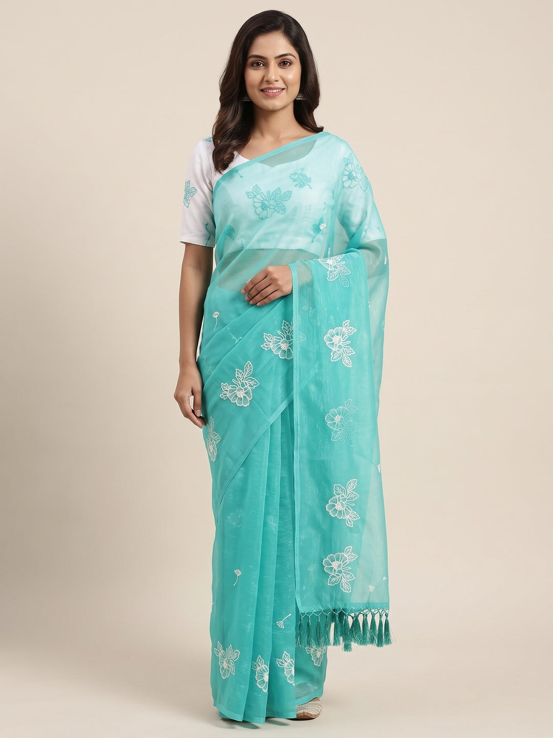 Designer Turquoise Chiffon Saree with Intricate Floral Embroidery - Image 5