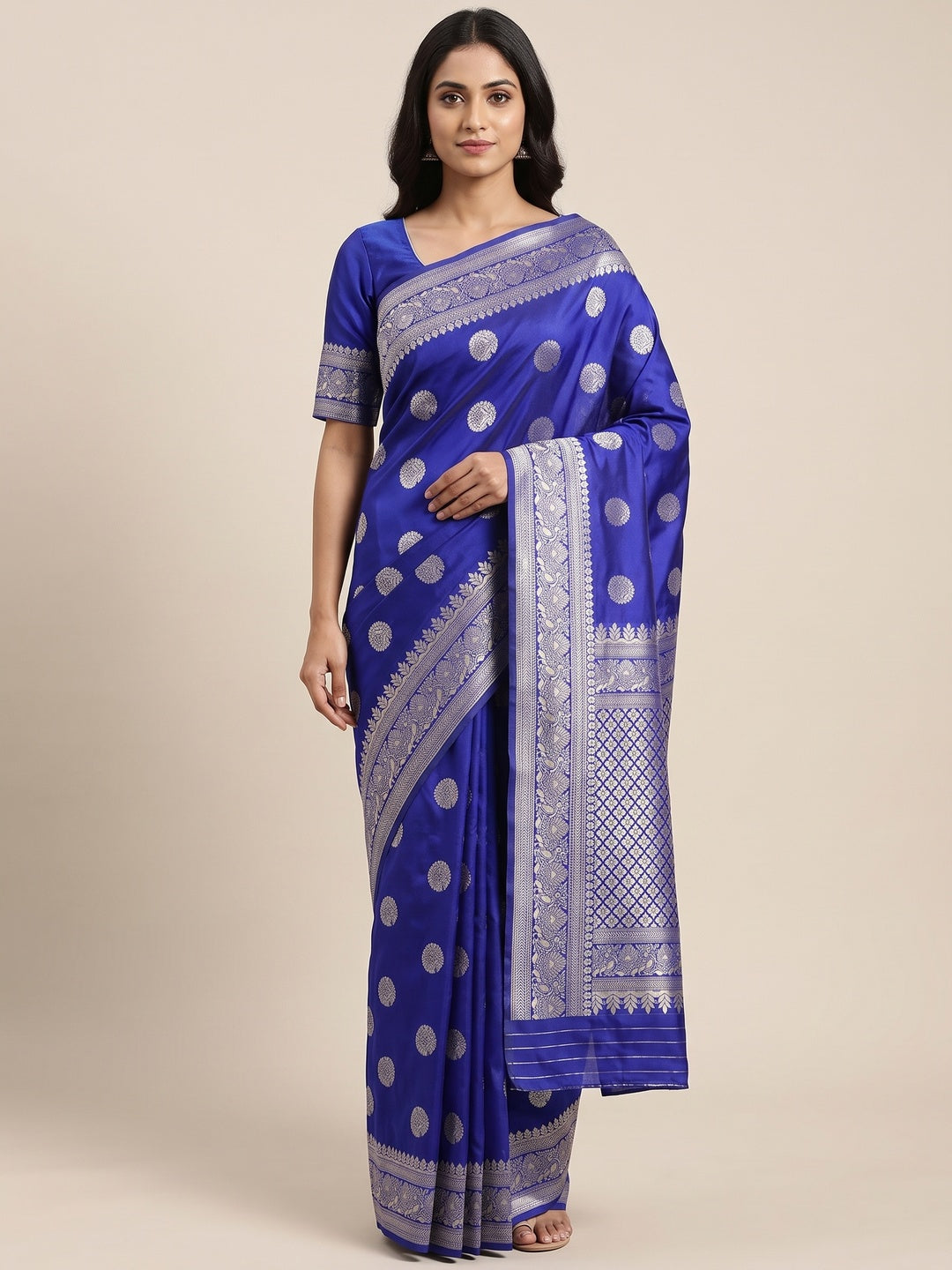 Royal Blue Floral Woven Lichi Banarasi Silk Saree - Image 5