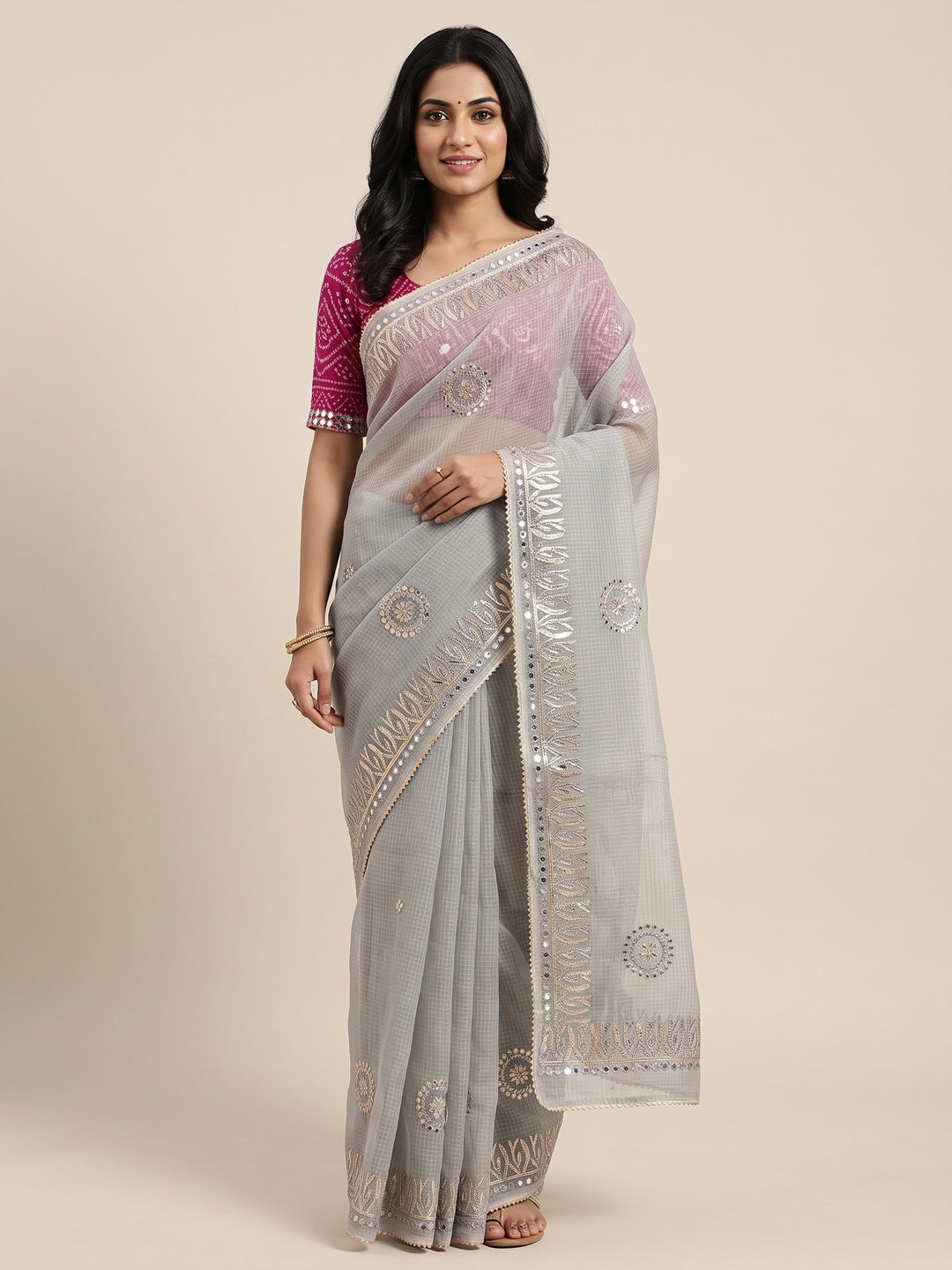 Grey Festive Kota Doria Saree Decorated with Classic Gota Work Embroidery - Image 5