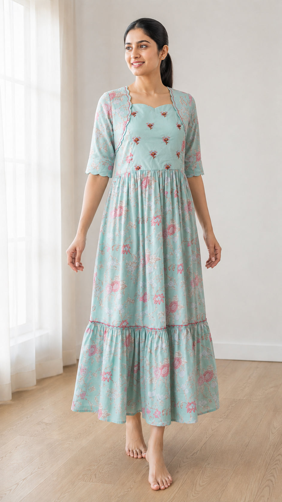 Peachmode Sea Green Crepe Floral Embellished Tiered Maxi Dress - Image 5