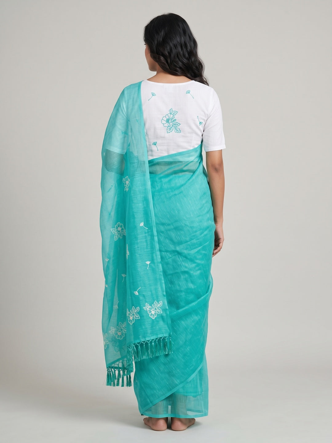 Designer Turquoise Chiffon Saree with Intricate Floral Embroidery - Image 6