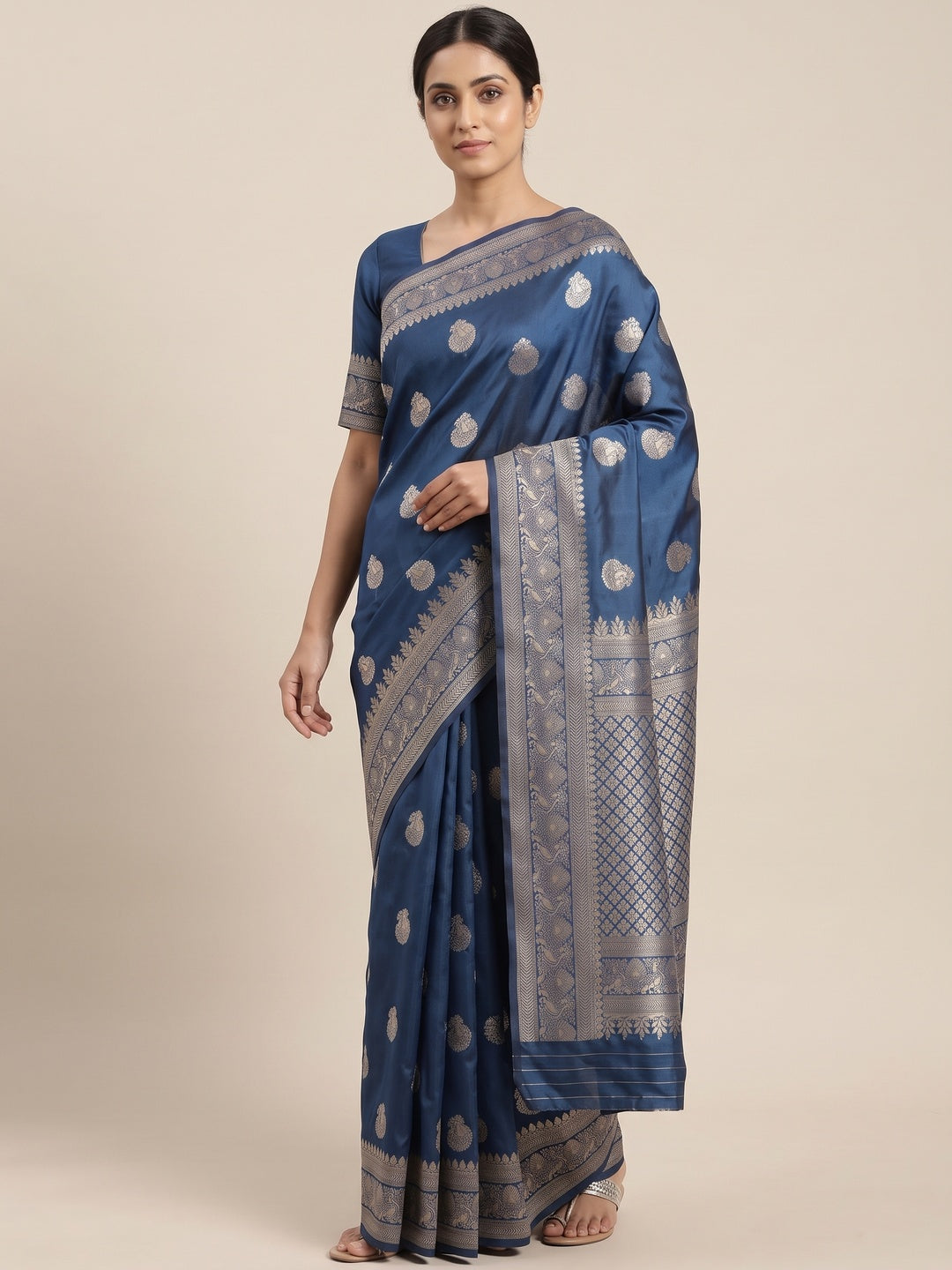 Morpich Blue Floral Woven Lichi Banarasi Silk Saree - Image 8