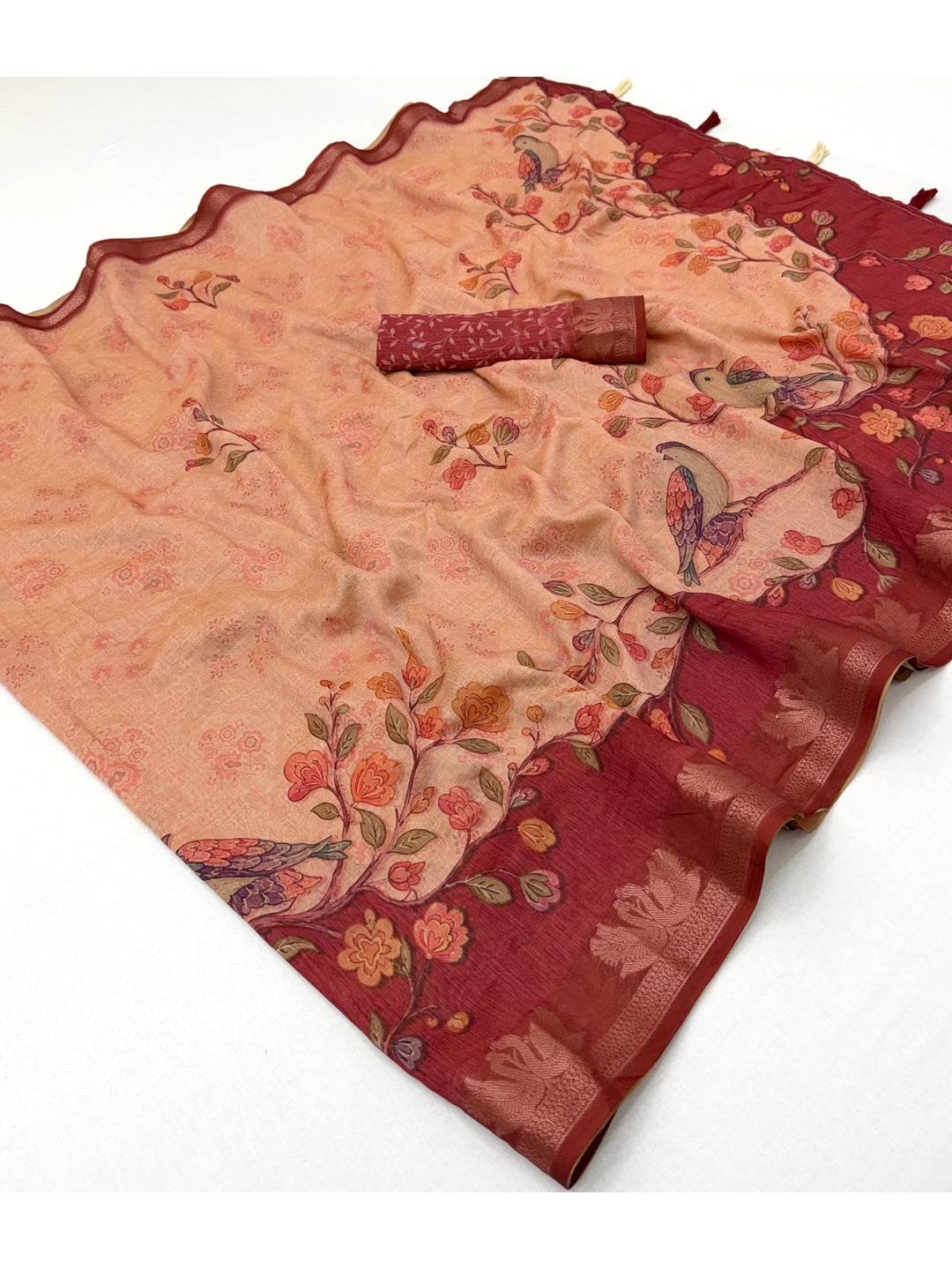 Peachmode Peach Peacock Floral Printed Cotton Saree - Image 3