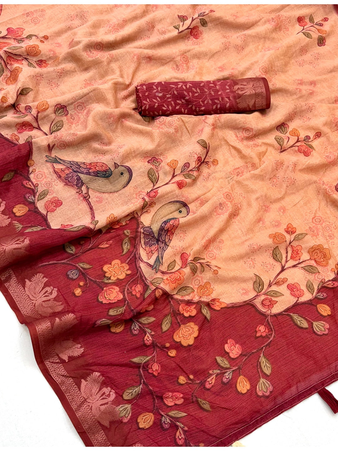 Peachmode Peach Peacock Floral Printed Cotton Saree - Image 4