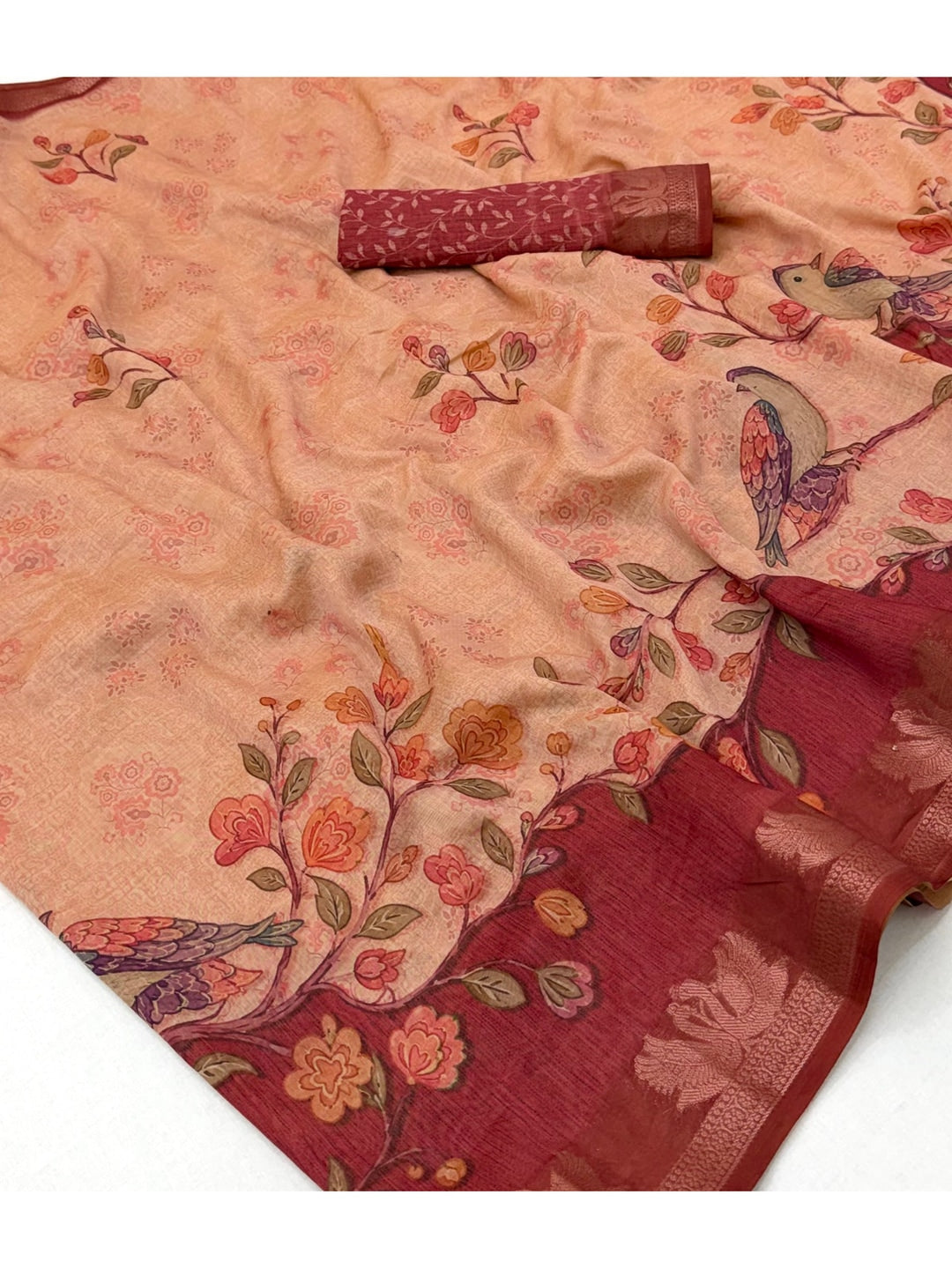Peachmode Peach Peacock Floral Printed Cotton Saree - Image 5