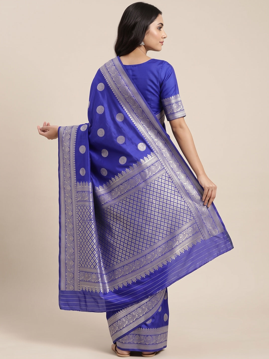 Royal Blue Floral Woven Lichi Banarasi Silk Saree - Image 6