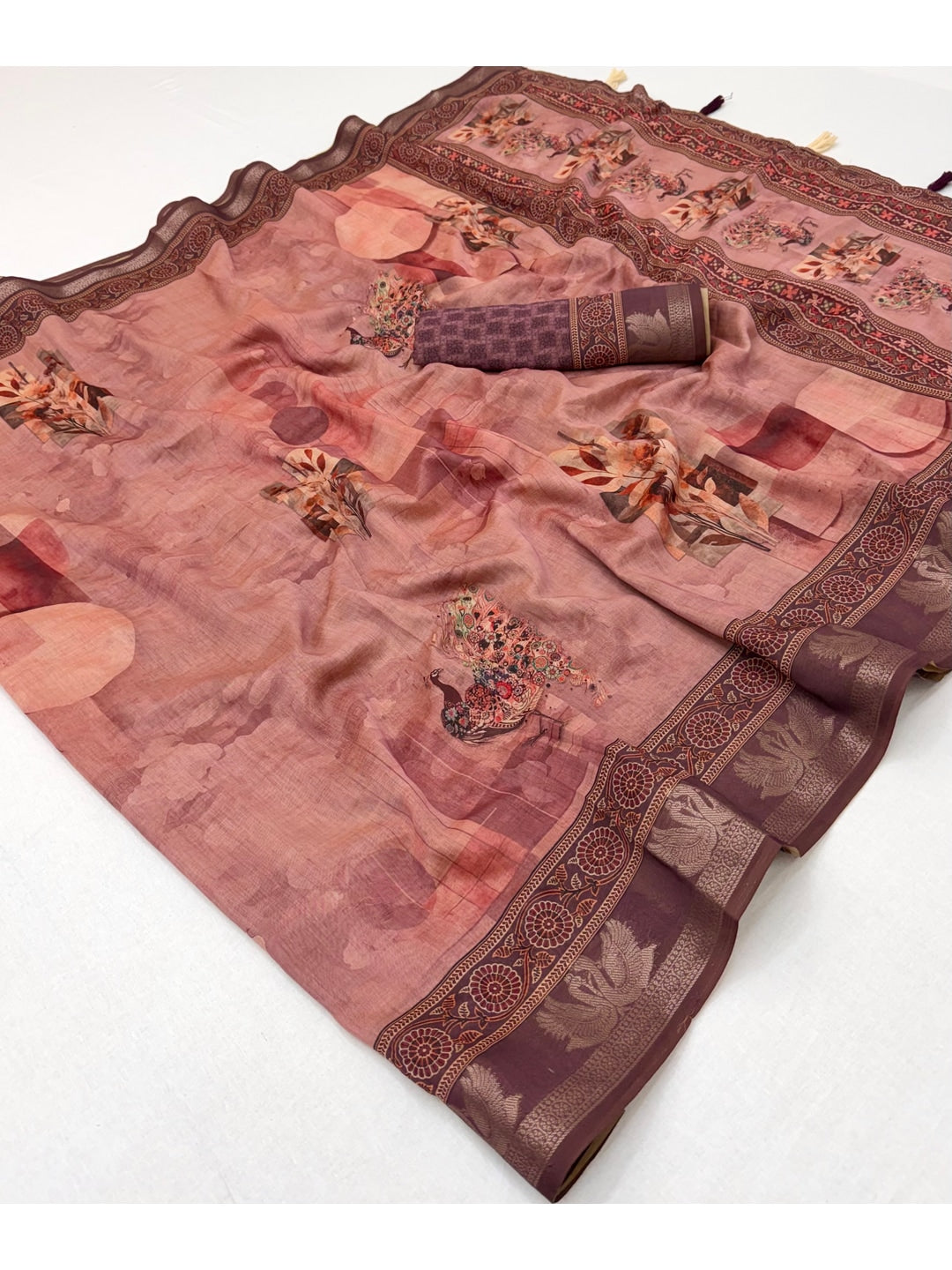 Peachmode Mauve Abstract Printed Cotton Saree - Image 2