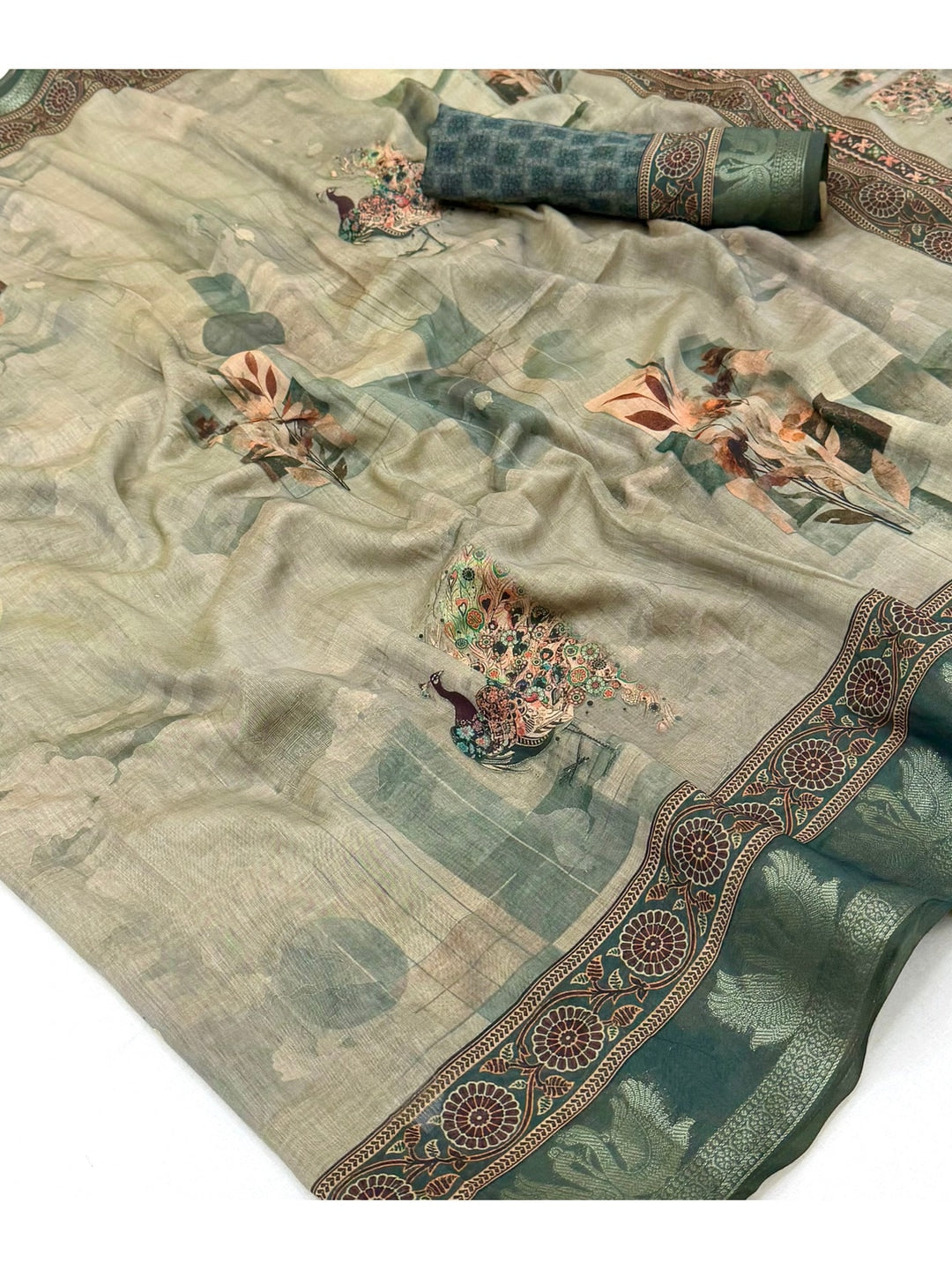 Peachmode Sea Green Abstract Printed Cotton Saree - Image 4