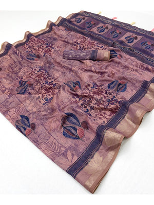 Peachmode Lavender Leaf Printed Cotton Saree - Image 2