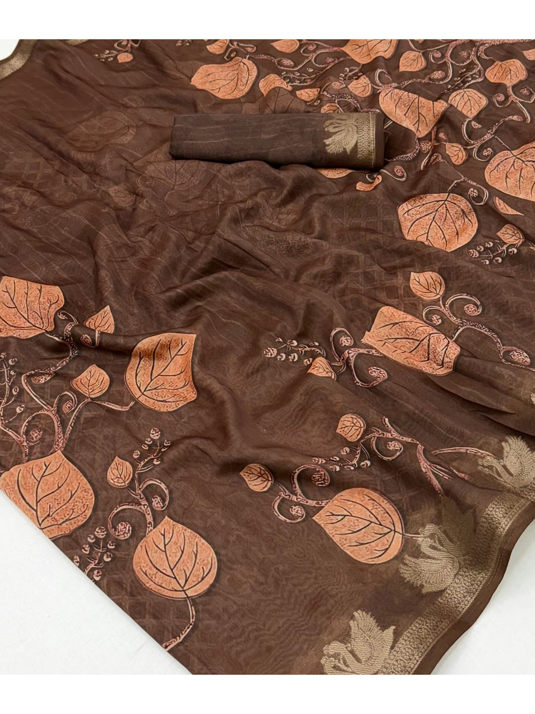 Peachmode Dark Brown Leaf Printed Cotton Saree - Image 4