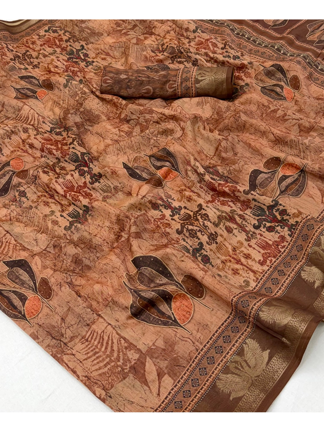 Peachmode Brown Leaf Printed Cotton Saree - Image 4