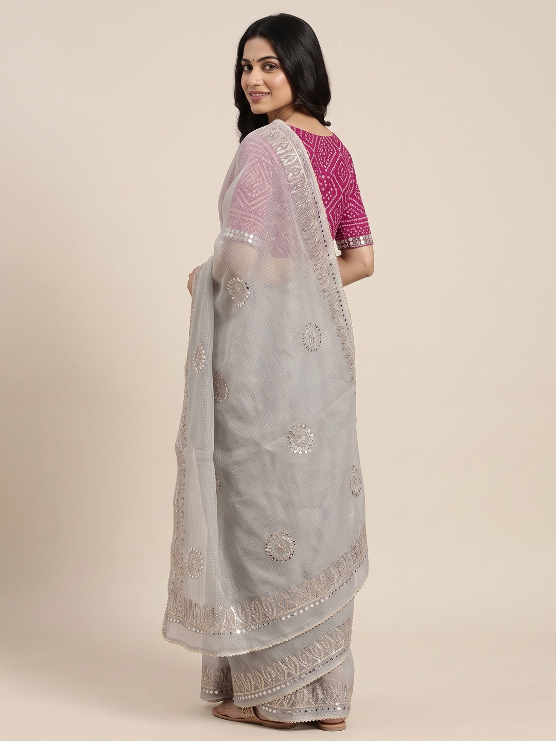 Grey Festive Kota Doria Saree Decorated with Classic Gota Work Embroidery - Image 6