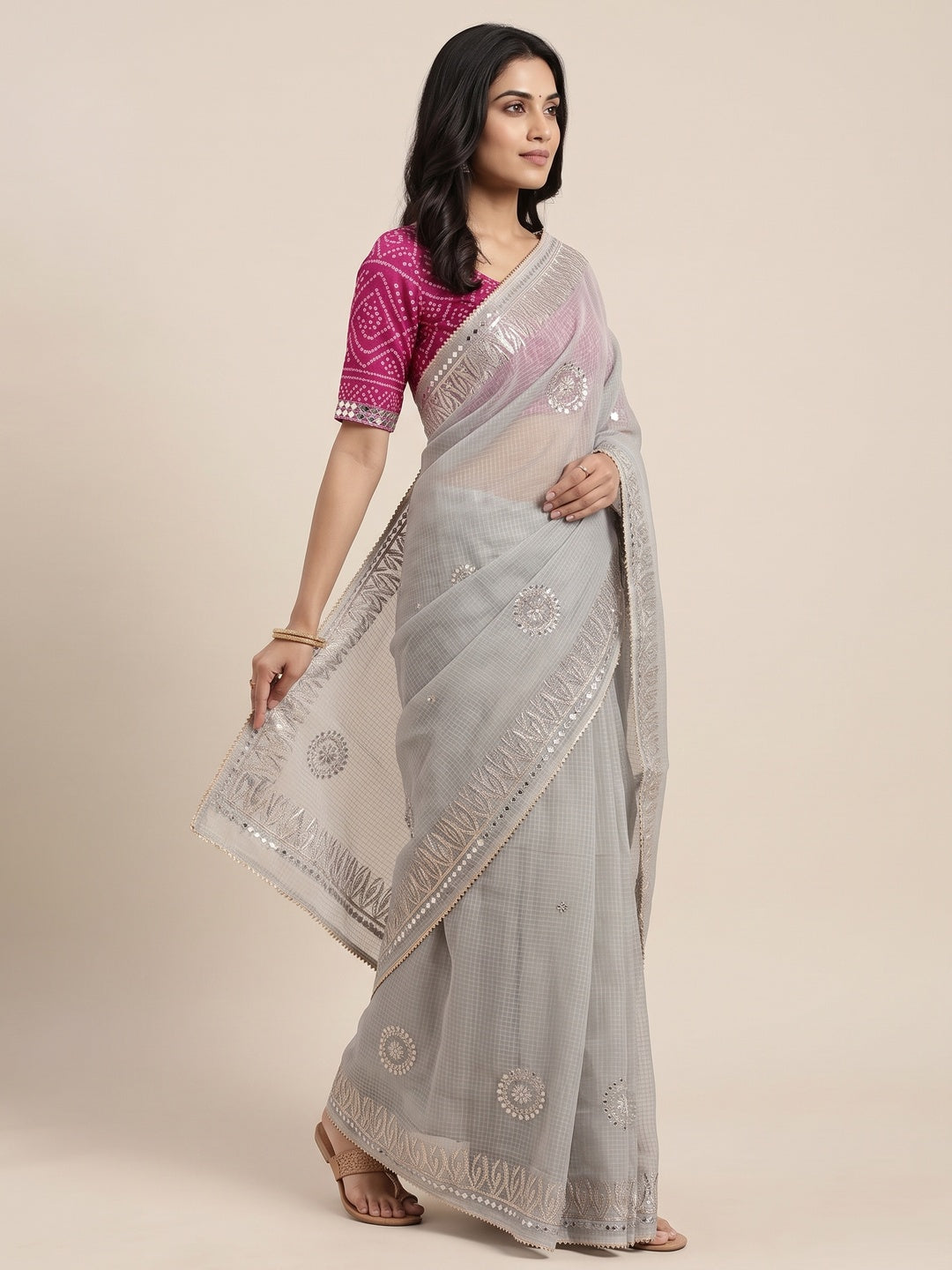 Grey Festive Kota Doria Saree Decorated with Classic Gota Work Embroidery - Image 8