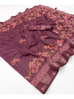 Peachmode Purple Floral Printed Cotton Saree - Image 2