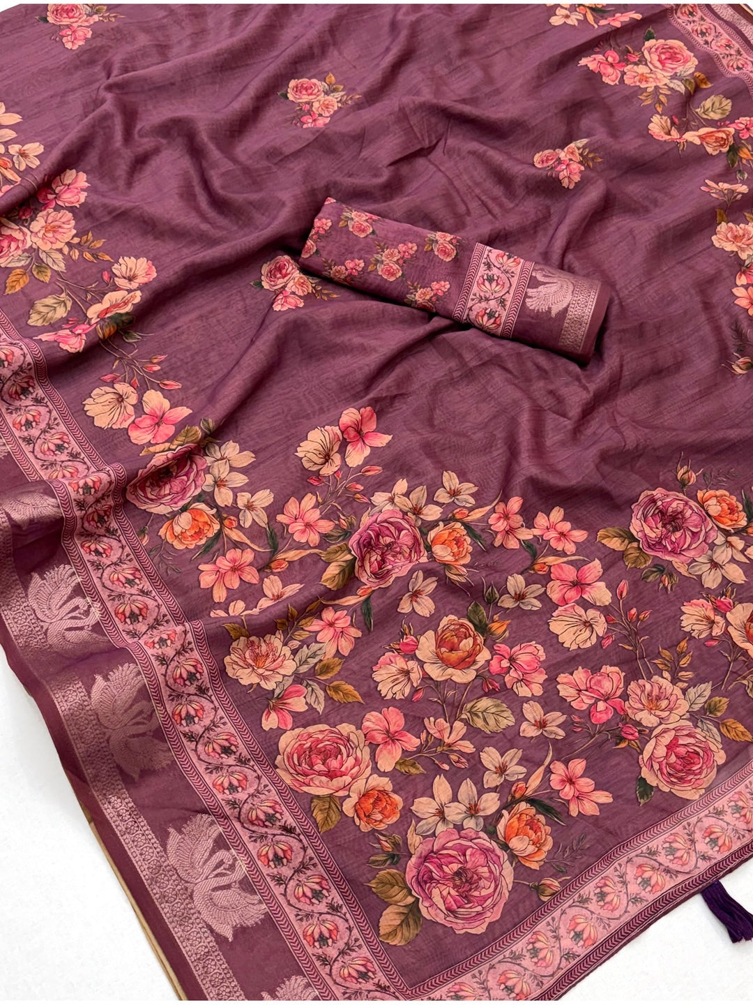 Peachmode Purple Floral Printed Cotton Saree - Image 5