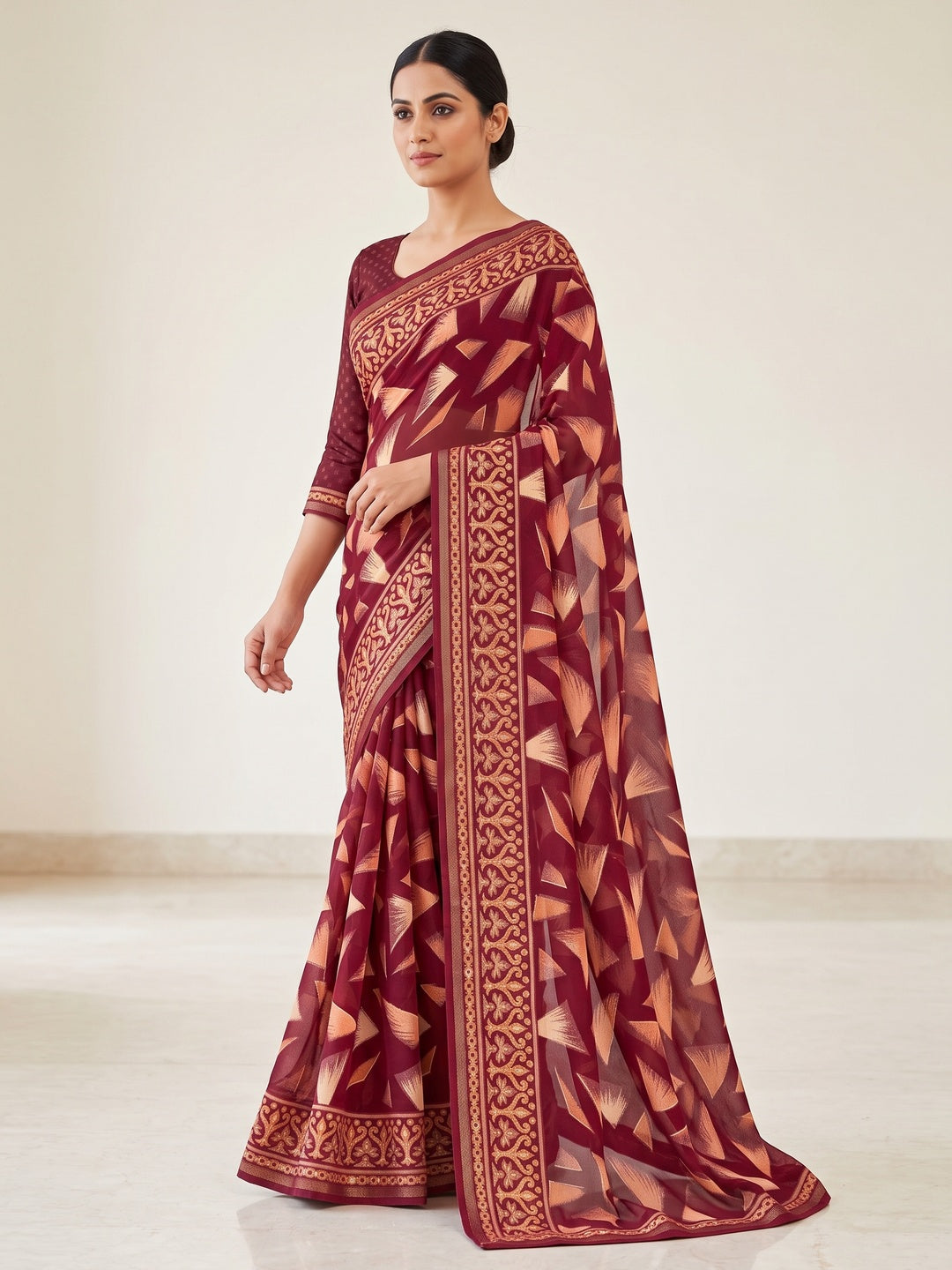Maroon Saree in Brasso with Contemporary Geometric Print - Image 5