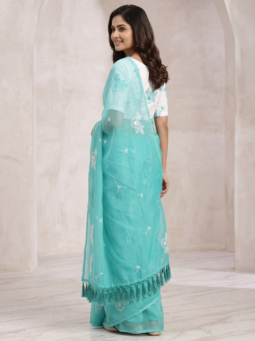 Designer Turquoise Chiffon Saree with Intricate Floral Embroidery - Image 8