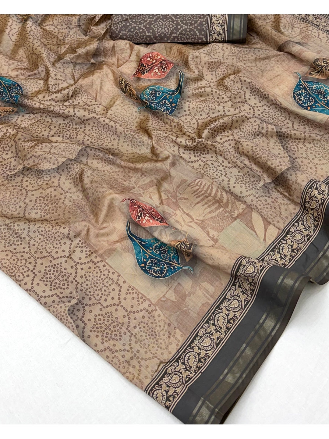 Peachmode Beige Paisley Printed Art Silk Saree - Image 5