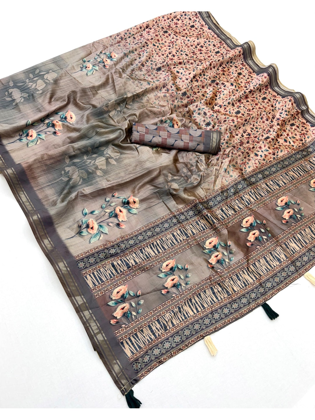 Peachmode Grey Botanical Floral Printed Art Silk Saree - Image 2