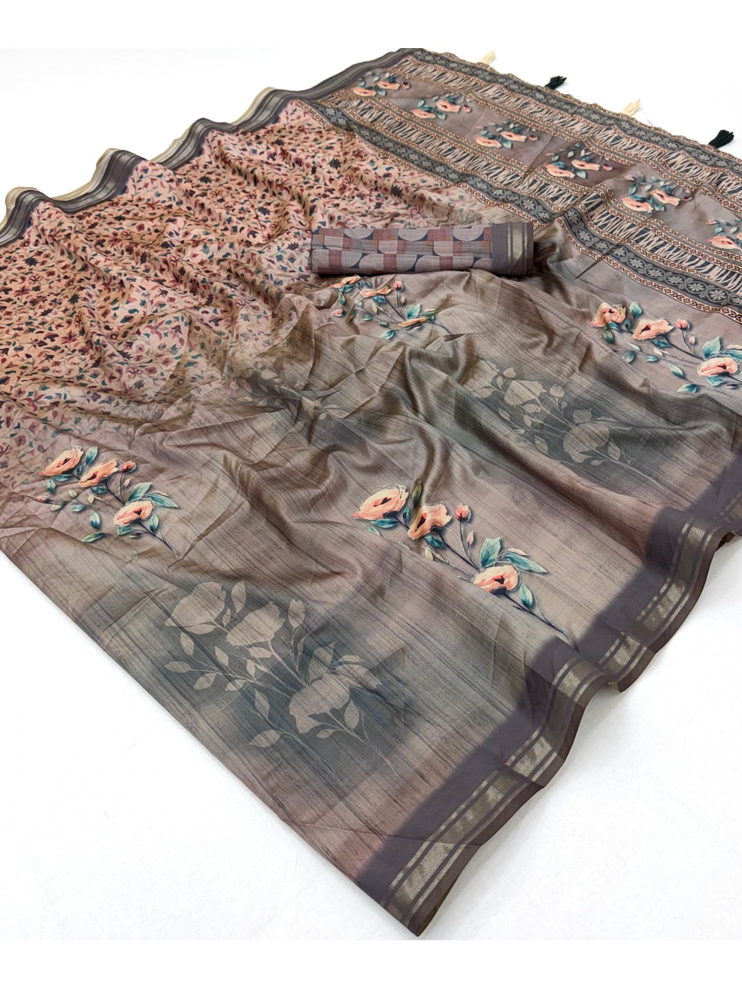 Peachmode Grey Botanical Floral Printed Art Silk Saree - Image 3