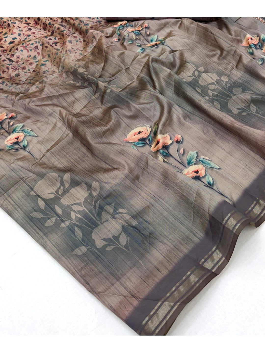 Peachmode Grey Botanical Floral Printed Art Silk Saree - Image 5