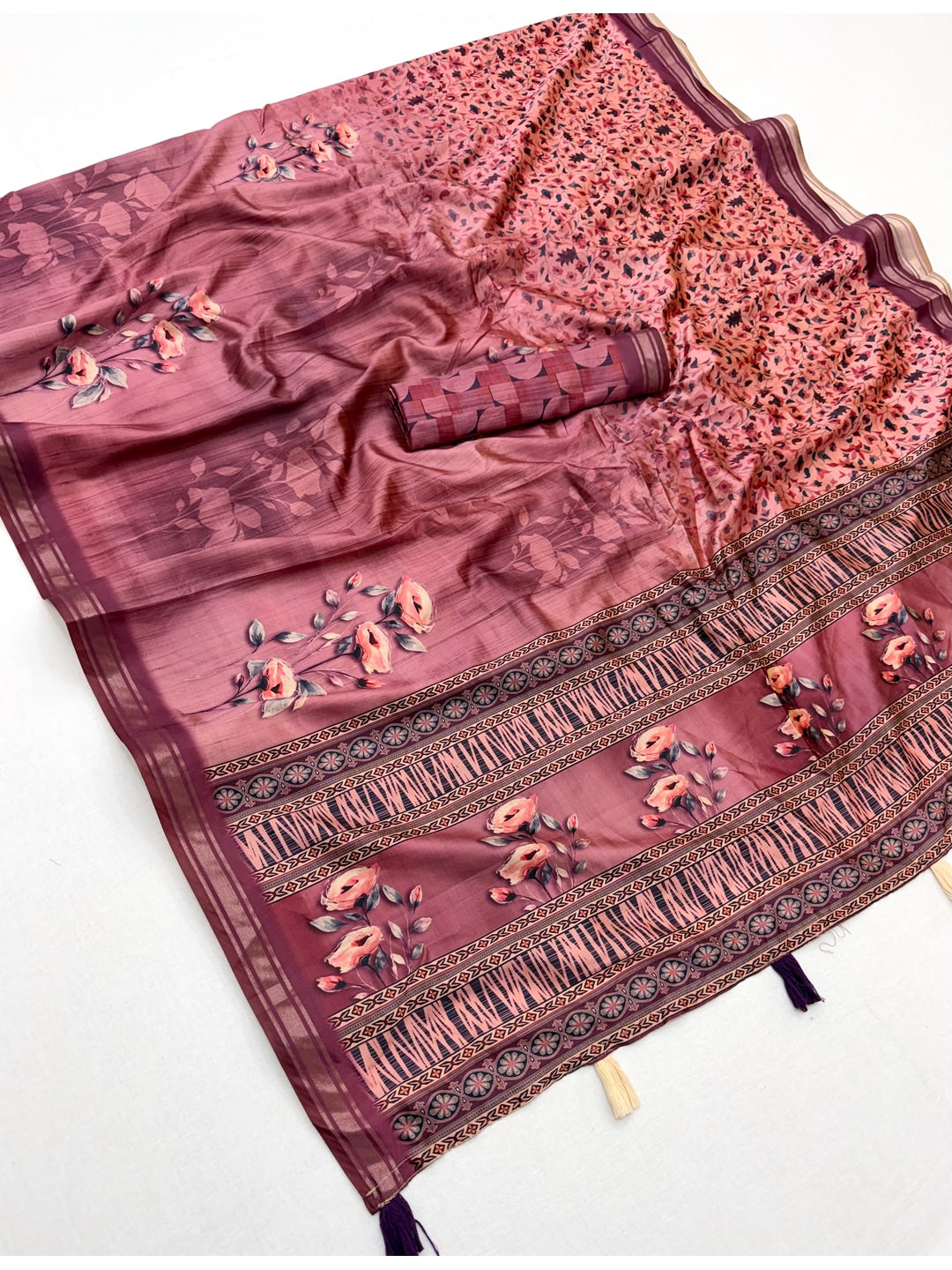 Peachmode Pink Botanical Floral Printed Art Silk Saree - Image 2