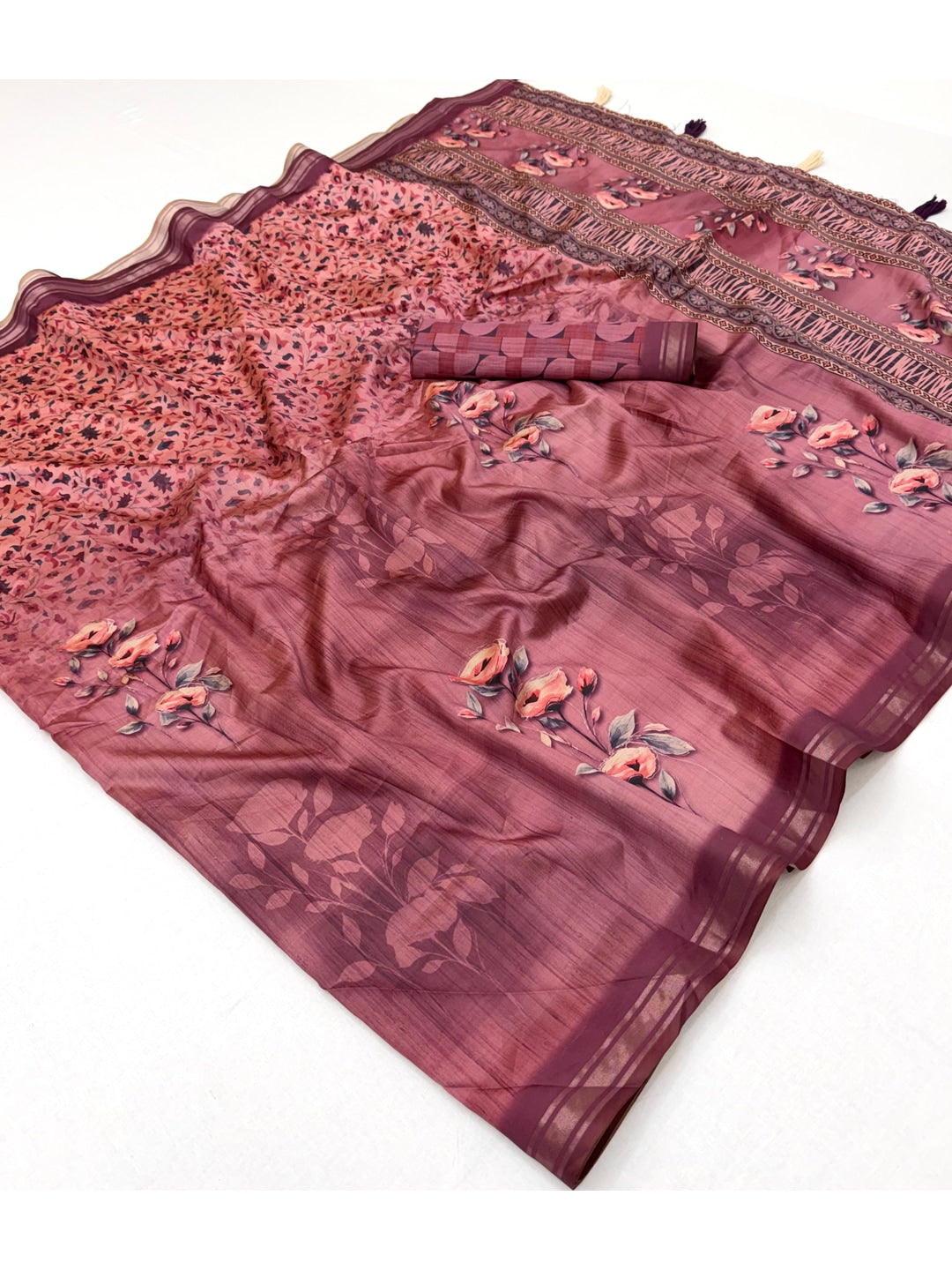 Peachmode Pink Botanical Floral Printed Art Silk Saree - Image 3