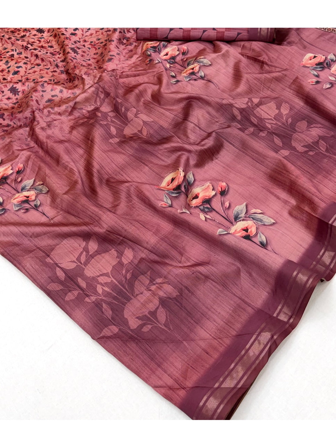 Peachmode Pink Botanical Floral Printed Art Silk Saree - Image 5